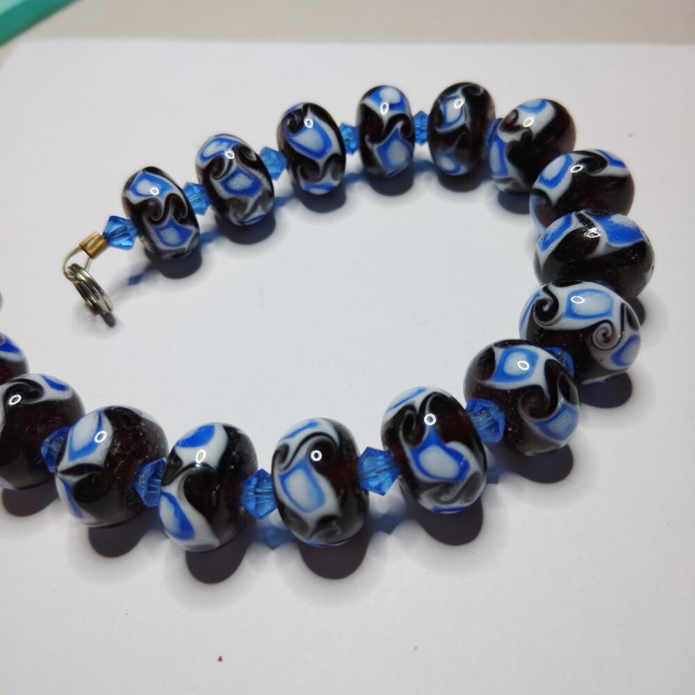 Murano-Style Glass Bead Bracelet w/ Blue Spacers & Silver Tone Clasp